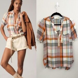 Anthropologie Pilcro Aly Puff-Sleeve Blouse Orange/Pink Plaid Button-Up Size XS